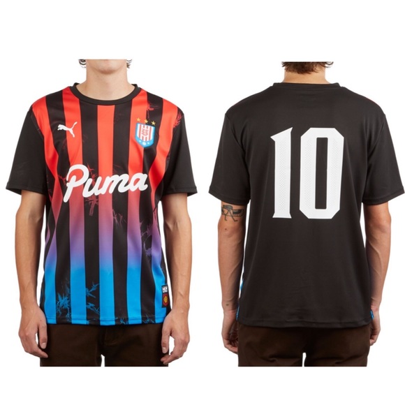 red and black striped soccer jersey